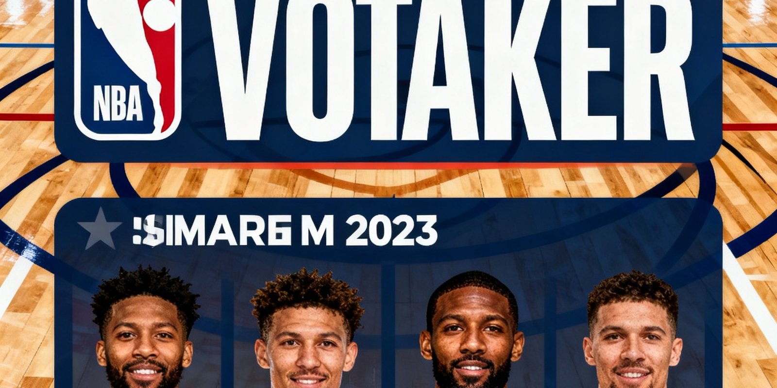 NBA全明星赛投票排行榜截图，几位热门球星的头像并排展示，背景是篮球场地板纹理。