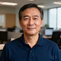 一位中年男性用户头像，他穿着深蓝色polo衫，背景是办公室环境，表情沉稳自信。